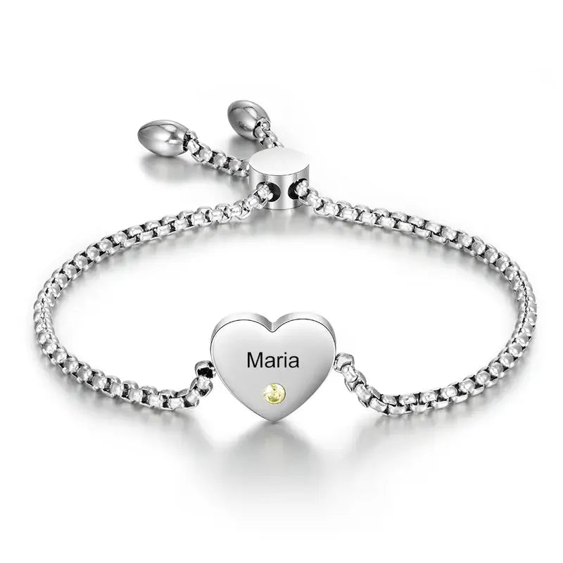 Heart Shaped Engraved Name Personalized Birthstone Bracelet