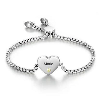 Heart Shaped Engraved Name Personalized Birthstone Bracelet