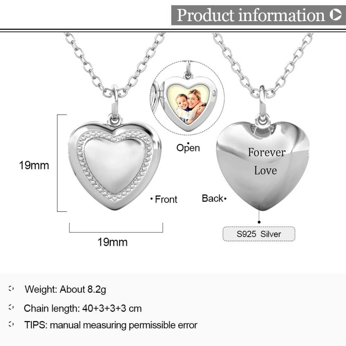 Heart Photo Locket Necklace with Picture Inside - Silver