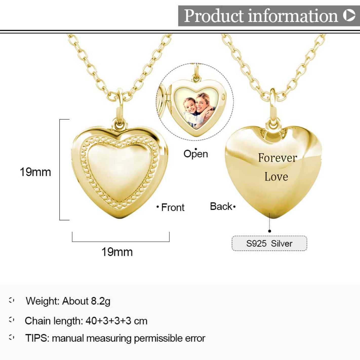 Heart Photo Locket Necklace with Picture Inside - Gold