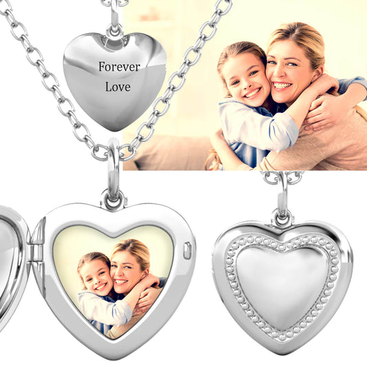 Heart Photo Locket Necklace with Picture Inside - Silver