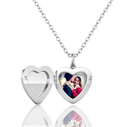 Heart Photo Locket Necklace with Picture Inside - Silver