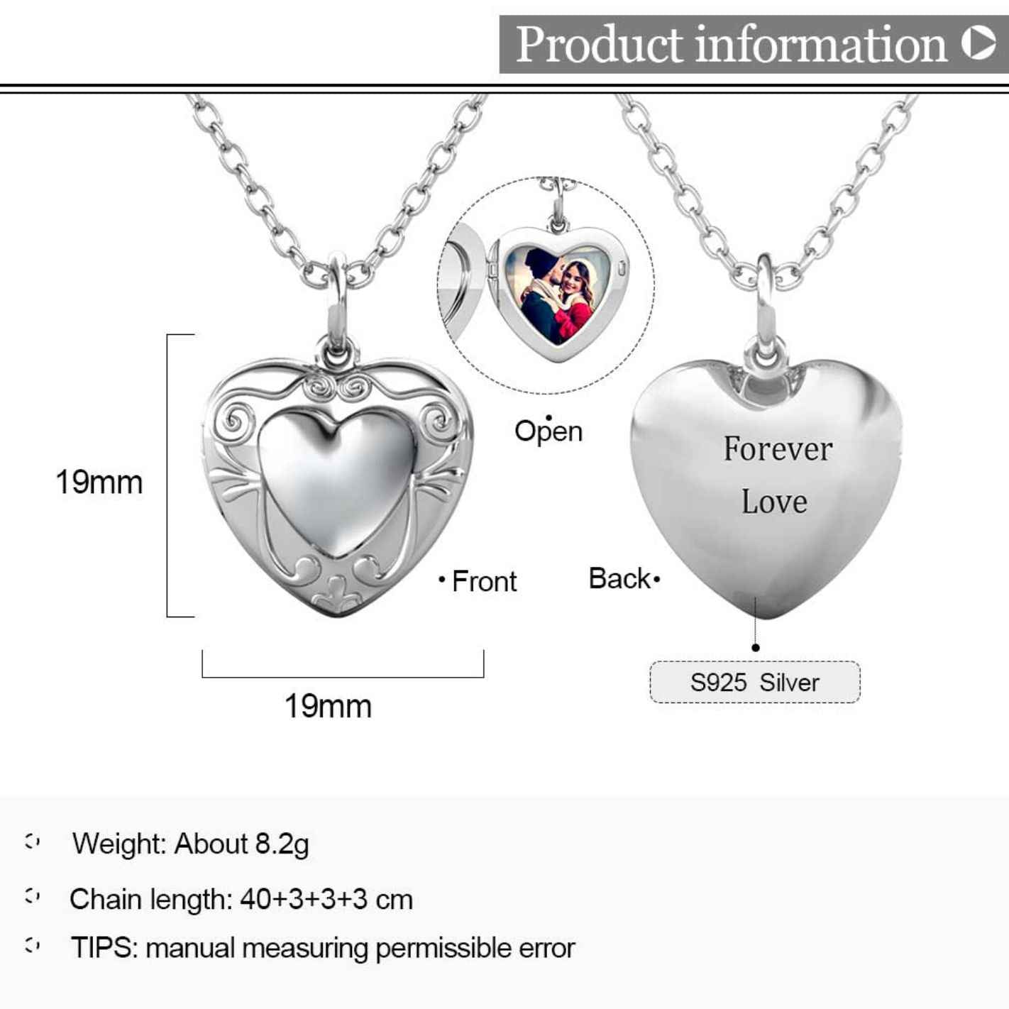 Heart Photo Locket Necklace with Picture Inside - Silver