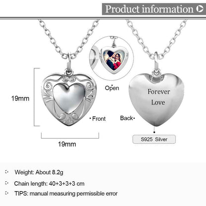 Heart Photo Locket Necklace with Picture Inside - Silver