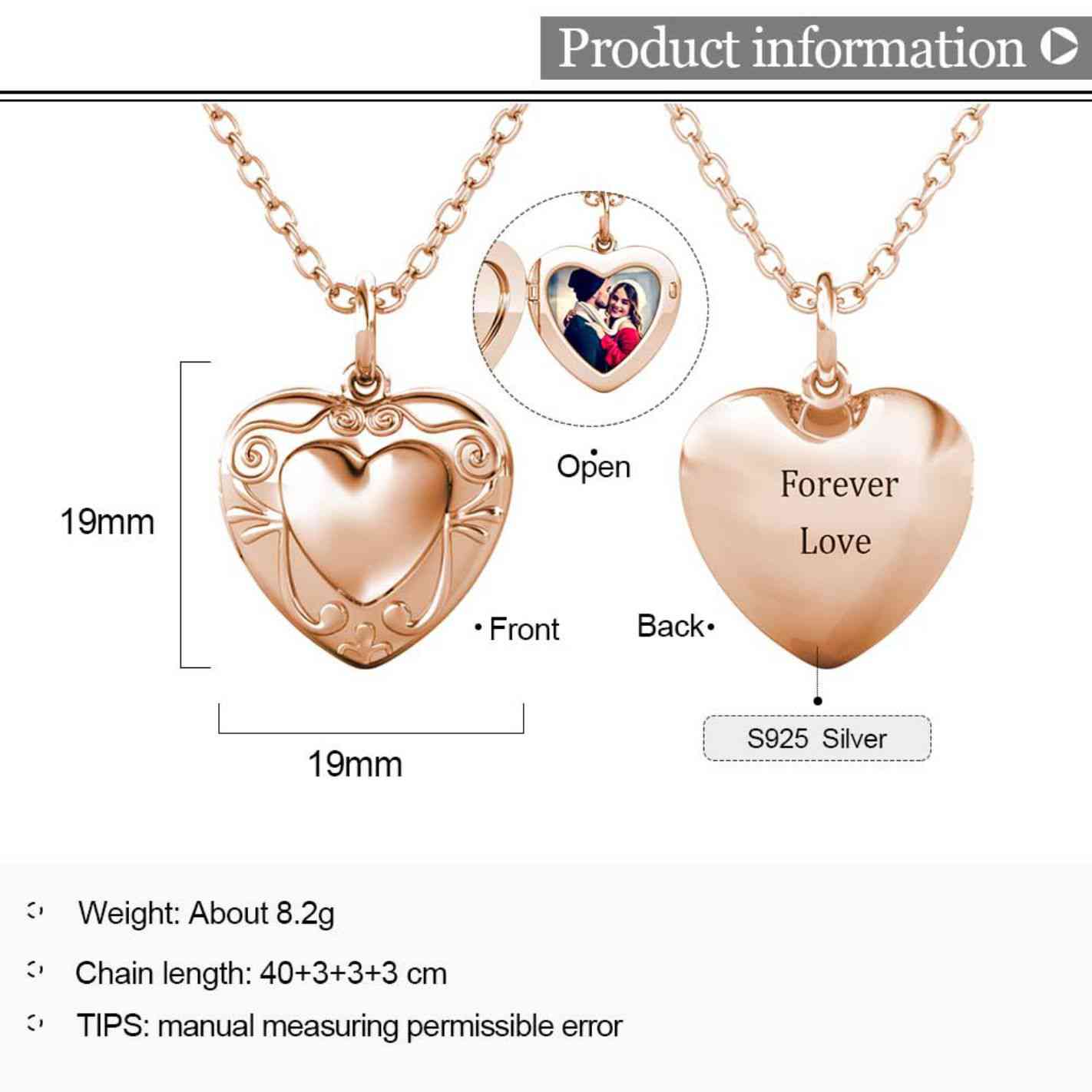 Heart Photo Locket Necklace with Picture Inside - Rose Gold