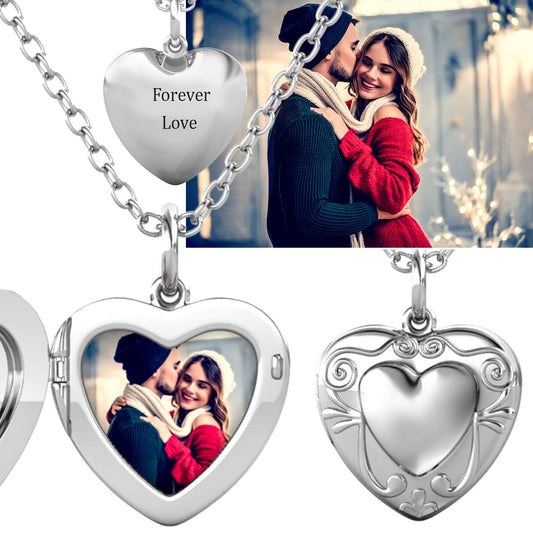 Heart Photo Locket Necklace with Picture Inside - Silver