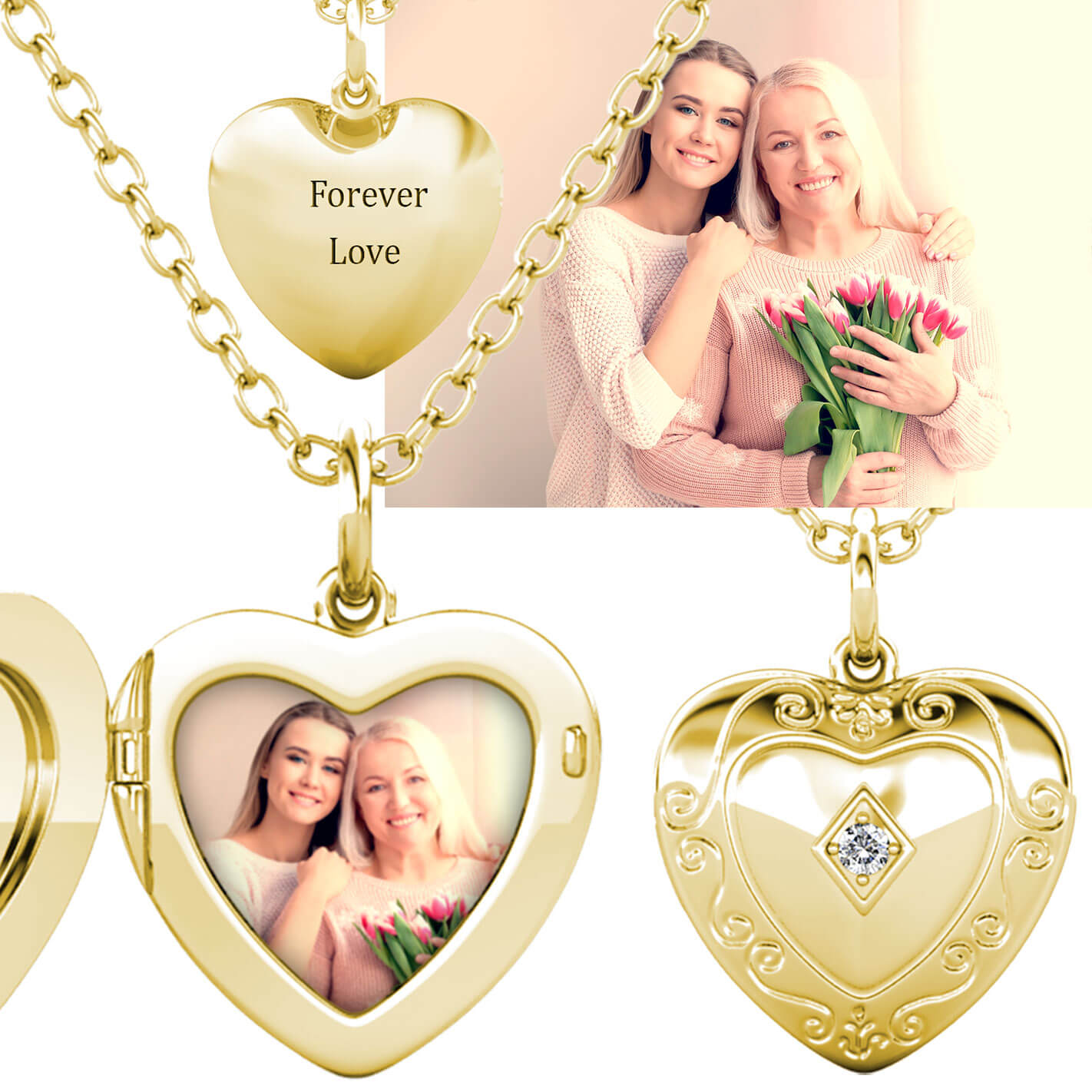 Gold Heart Photo Locket Necklace with Birthstone