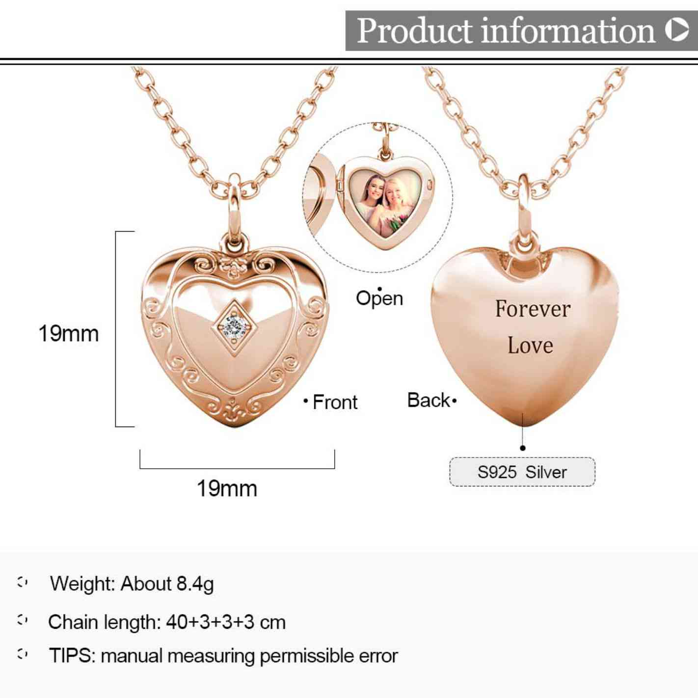 Heart Photo Locket Necklace with Picture Inside - Rose Gold