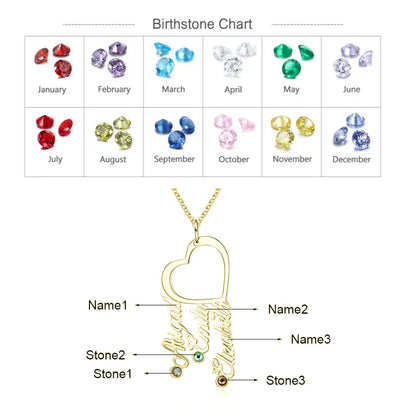 Heart-Shaped Personalised 3 Names Necklace with 3 Birthstones, Custom Birthstone Name Necklace, Personalised Name Jewellery for Mum