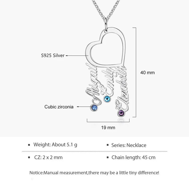 Heart-Shaped Personalised 3 Names Necklace with 3 Birthstones, Custom Birthstone Name Necklace, Personalised Name Jewellery for Mum