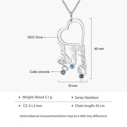 Heart-Shaped Personalised 3 Names Necklace with 3 Birthstones, Custom Birthstone Name Necklace, Personalised Name Jewellery for Mum