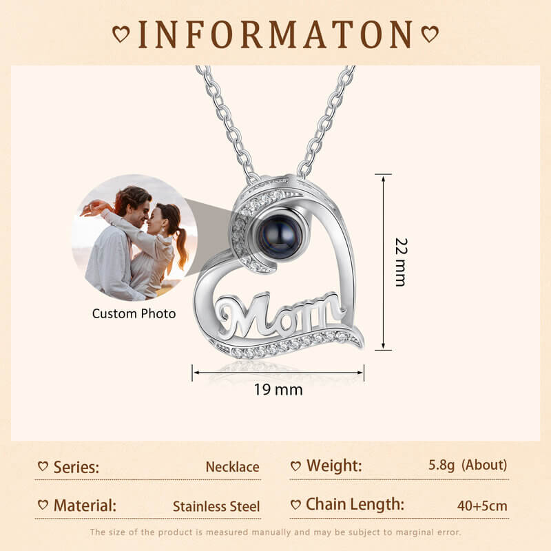 Heart Shaped Photo Projection Mom Necklace with Picture Inside