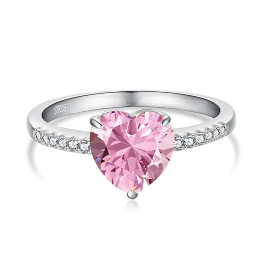 Heart-Shaped Pink & White Cubic Zirconia Sterling Silver Ring