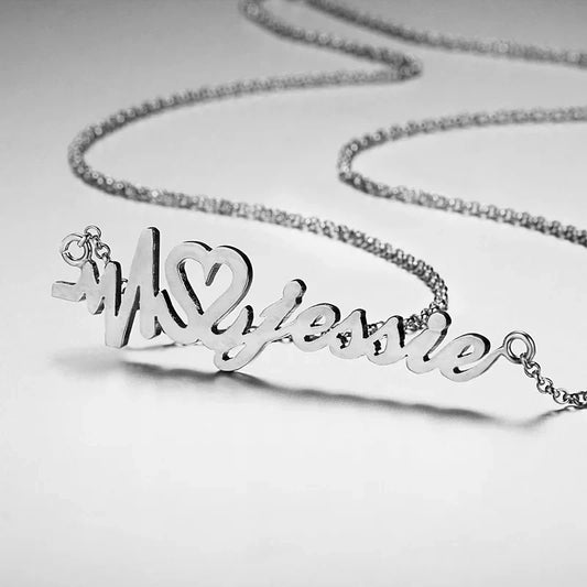 Heartbeat Personalised Name Necklace, Custom Name Necklace Silver/Gold/Rose Gold, Name Jewellery for Her