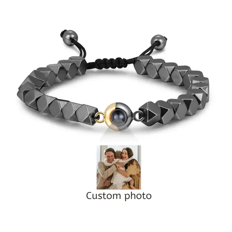 Hematite Beaded Personalized Projection Bracelet with Picture Inside