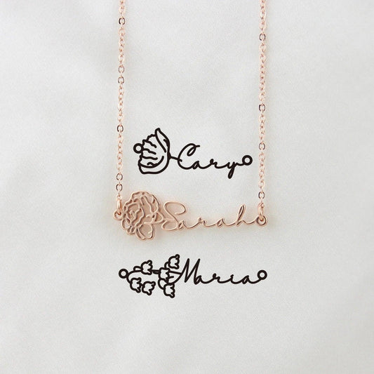 Horizontally Birth Flower Name Necklace