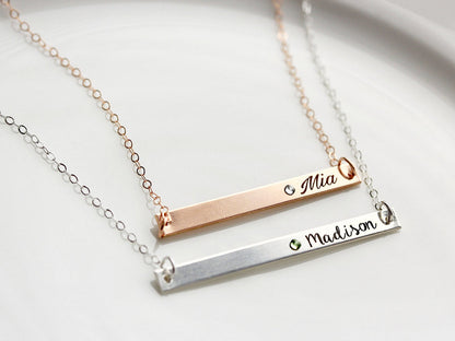 Engraved Birthstone Bar Necklace | Thin Bar