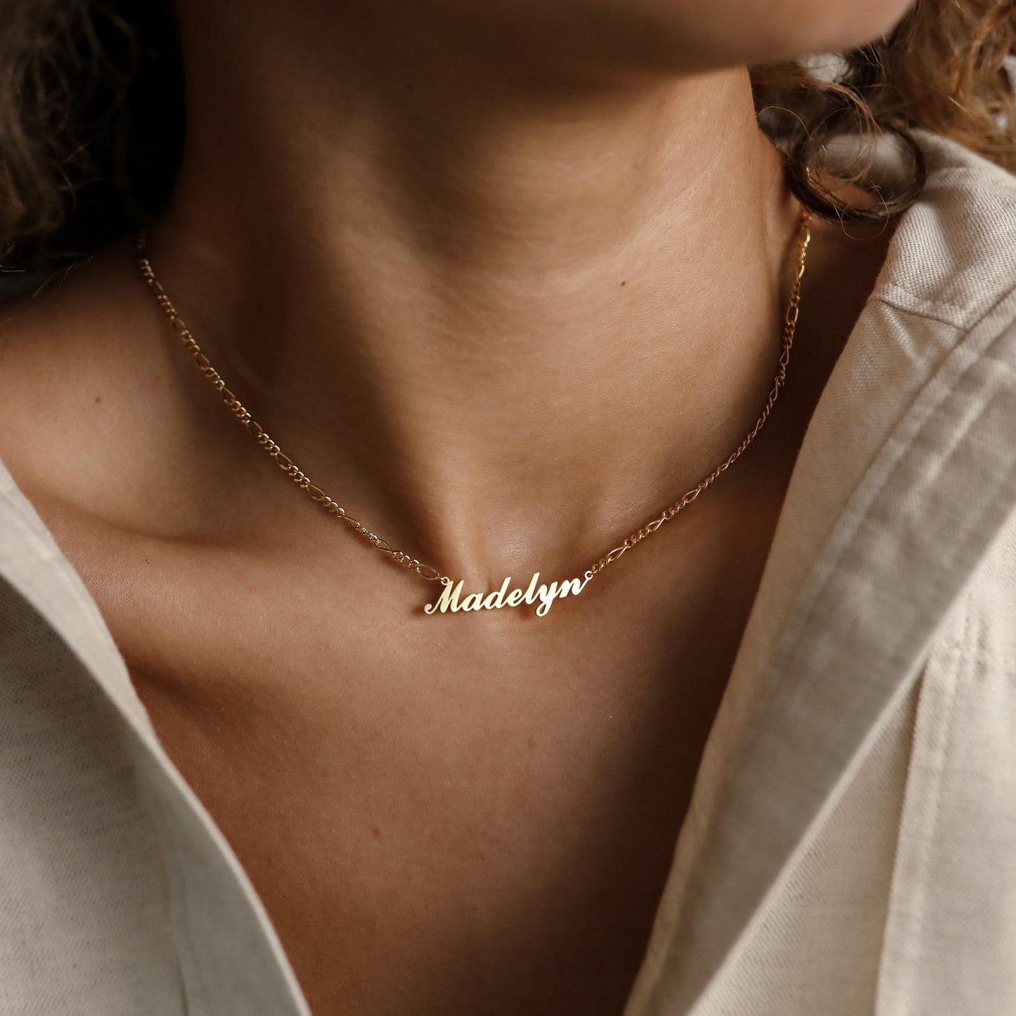 Carrie Name Necklace in Figaro Chain