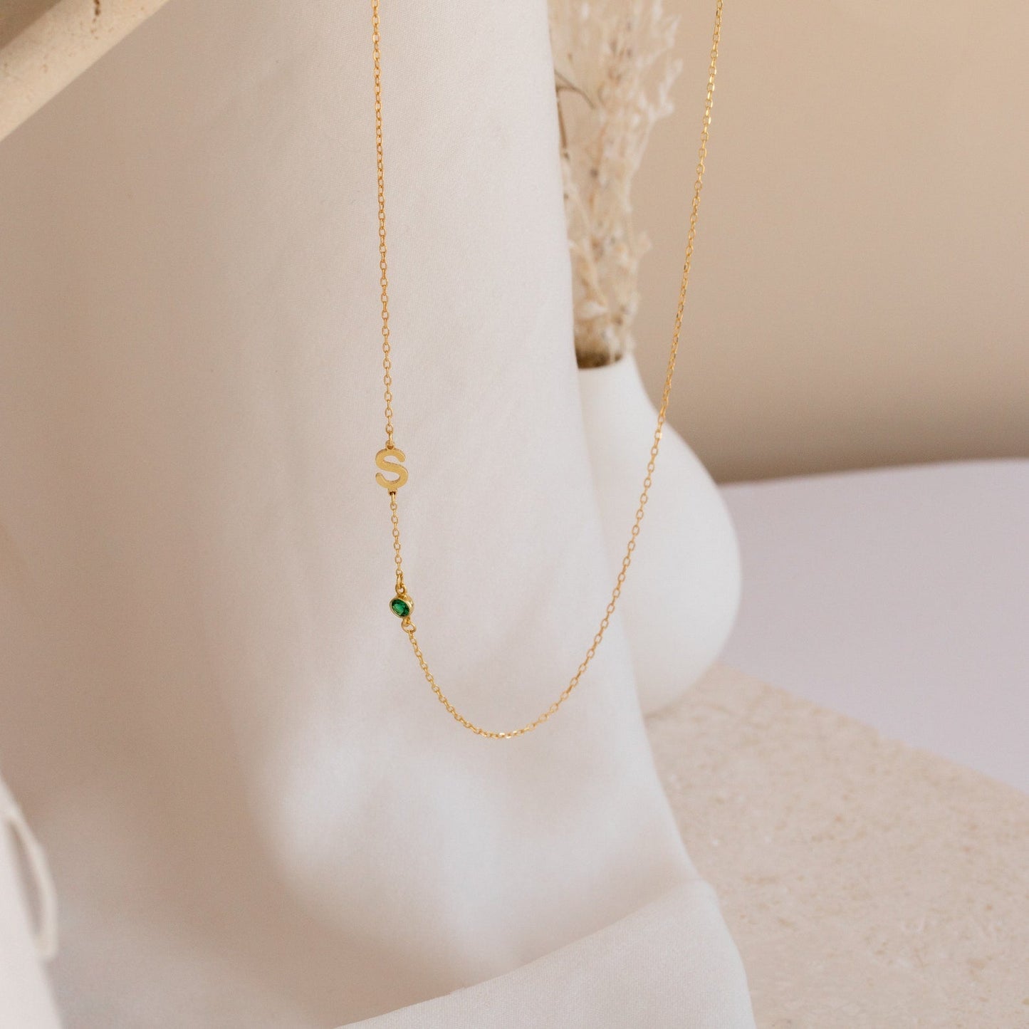 Sideways Initial Birthstone Necklace