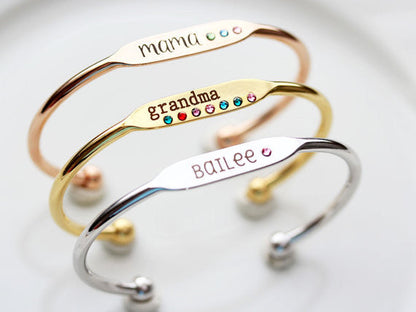 Engraved Flat Top Cuff Bracelet with Birthstones