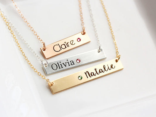 Engraved Birthstone Bar Necklace | Thick Bar