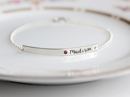 Engraved Birthstone Bracelet: Thin Bar