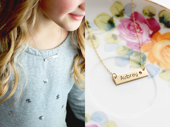 Children's Engraved Bar Necklace with Birthstone