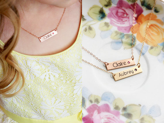 Children's Engraved Bar Necklace with Birthstone