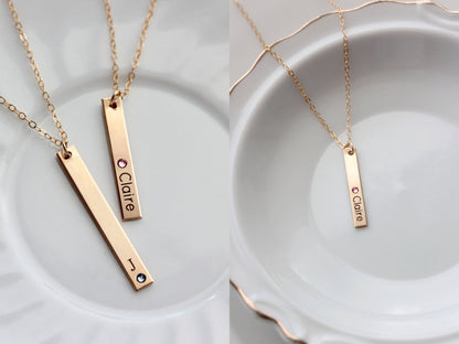 Engraved Birthstone Thin Bar Necklace