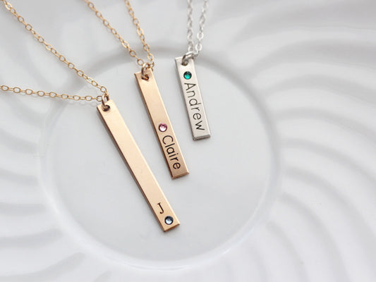 Engraved Birthstone Thin Bar Necklace