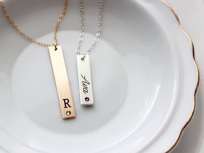 Engraved Birthstone Thick Bar Necklace