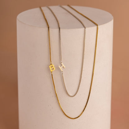 Sideways Initial Necklace In Box Chain