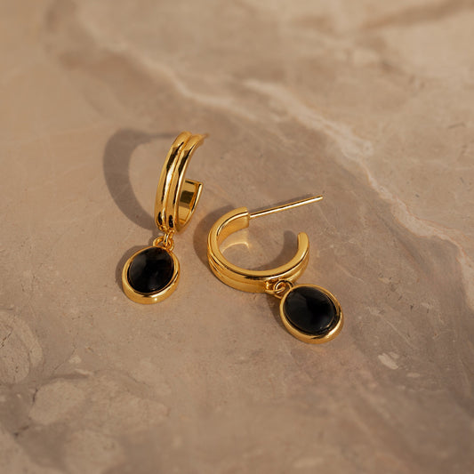 Black Gemstone Drop Hoops