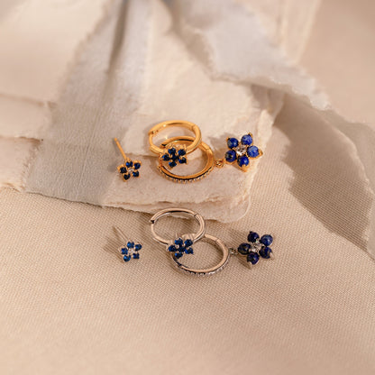 Sapphire Flower Earrings Set - Silver