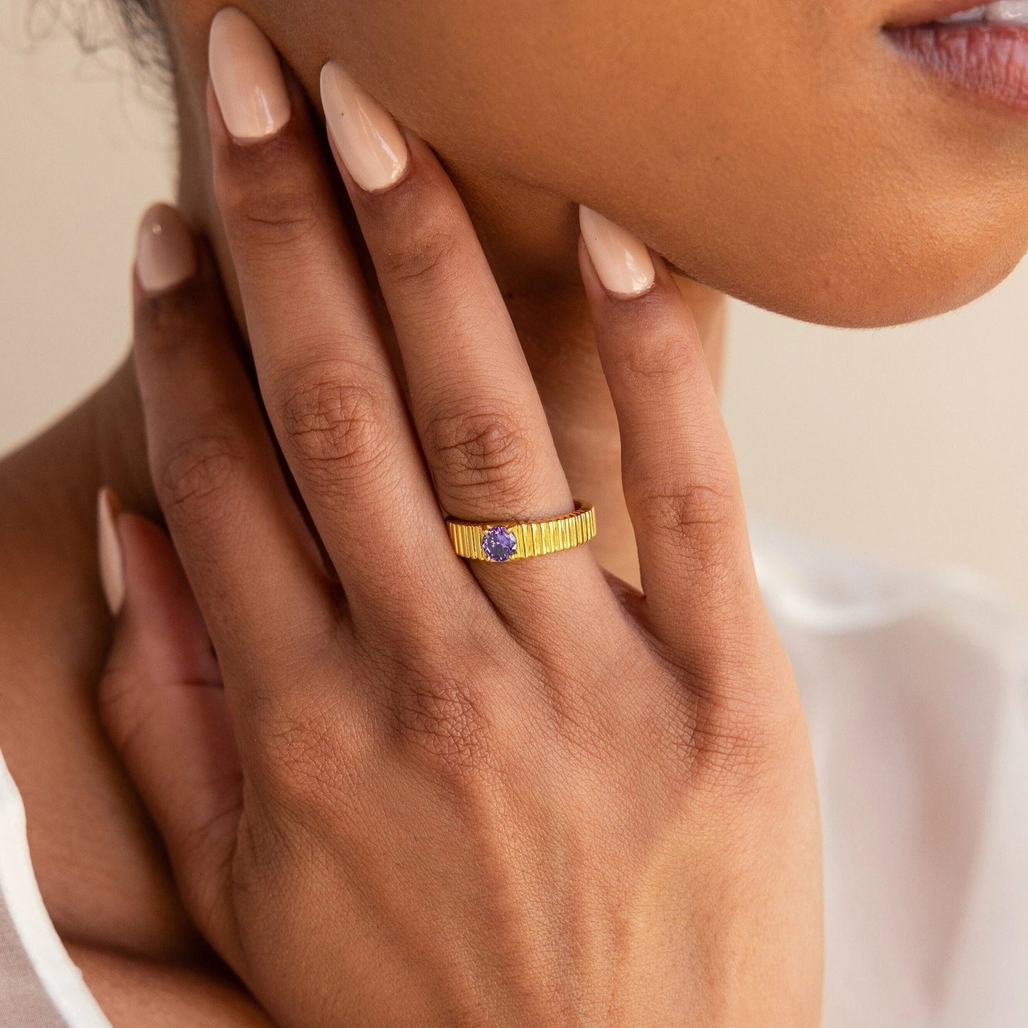 Ribbed Birthstone Signet Ring