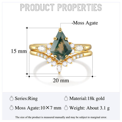 Kite Cut Moss Agate Engagement Ring Set with Moissanite