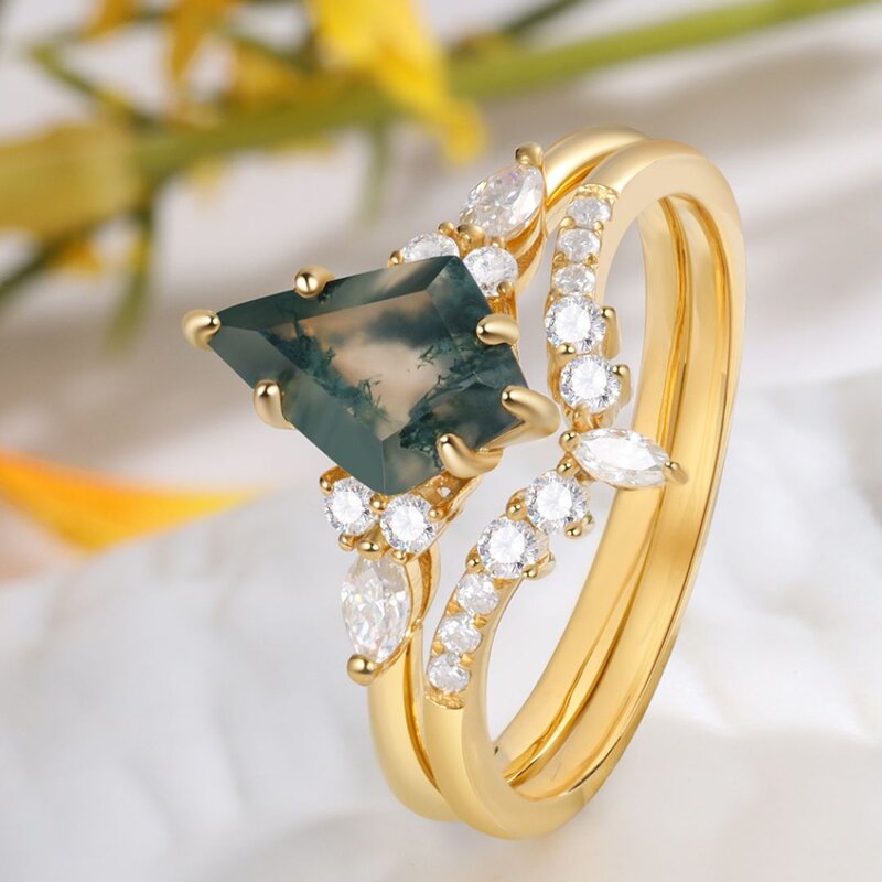 Kite Cut Moss Agate Engagement Ring Set with Moissanite