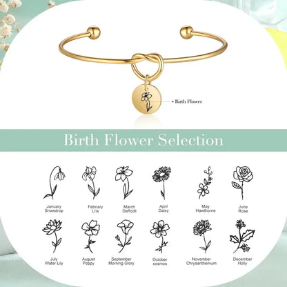 Knotted Heart Birth Flower Bangle, Birth Flower Bracelet Silver/Gold/Rose Gold, Birth Flower Jewellery for Her