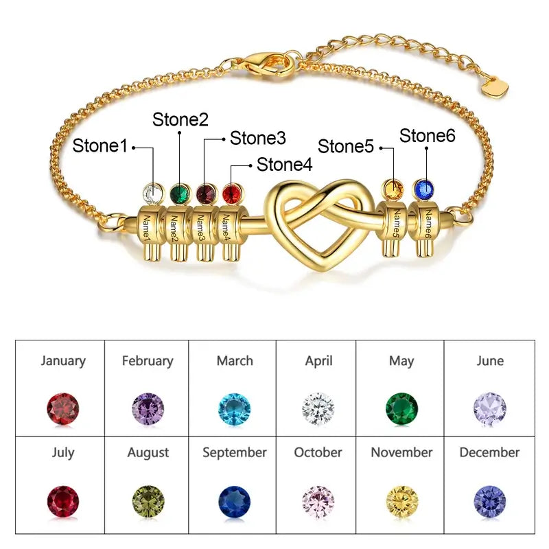 Knotted Heart Engraved Name Custom Birthstone Bracelet