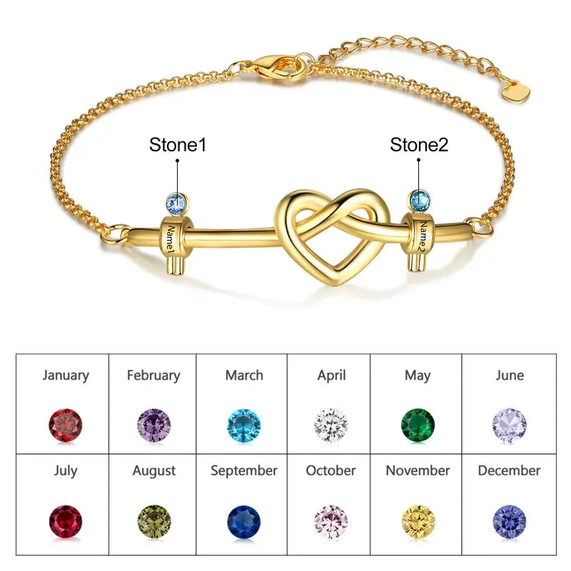 Knotted Heart Engraved Name Custom Birthstone Bracelet