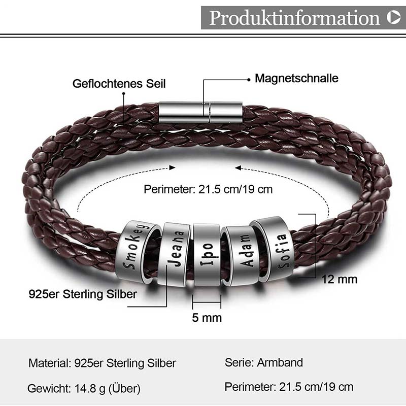 Men's Leather Bracelet - 5 Beads