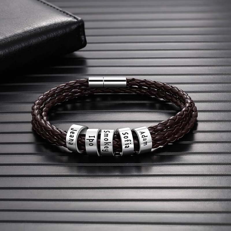 Men's Leather Bracelet - 5 Beads