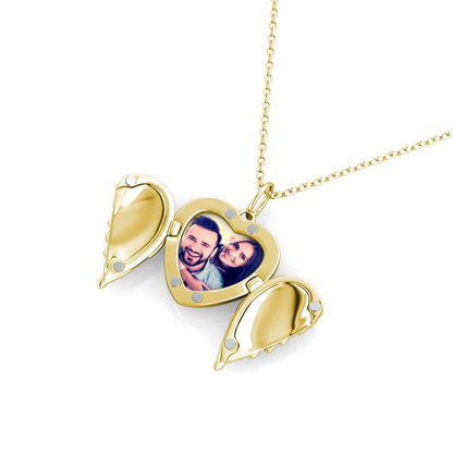 Heart Photo Locket Necklace with Picture Inside - Gold