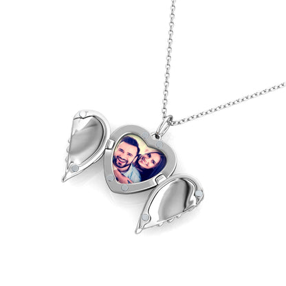 Heart Photo Locket Necklace with Picture Inside - Silver