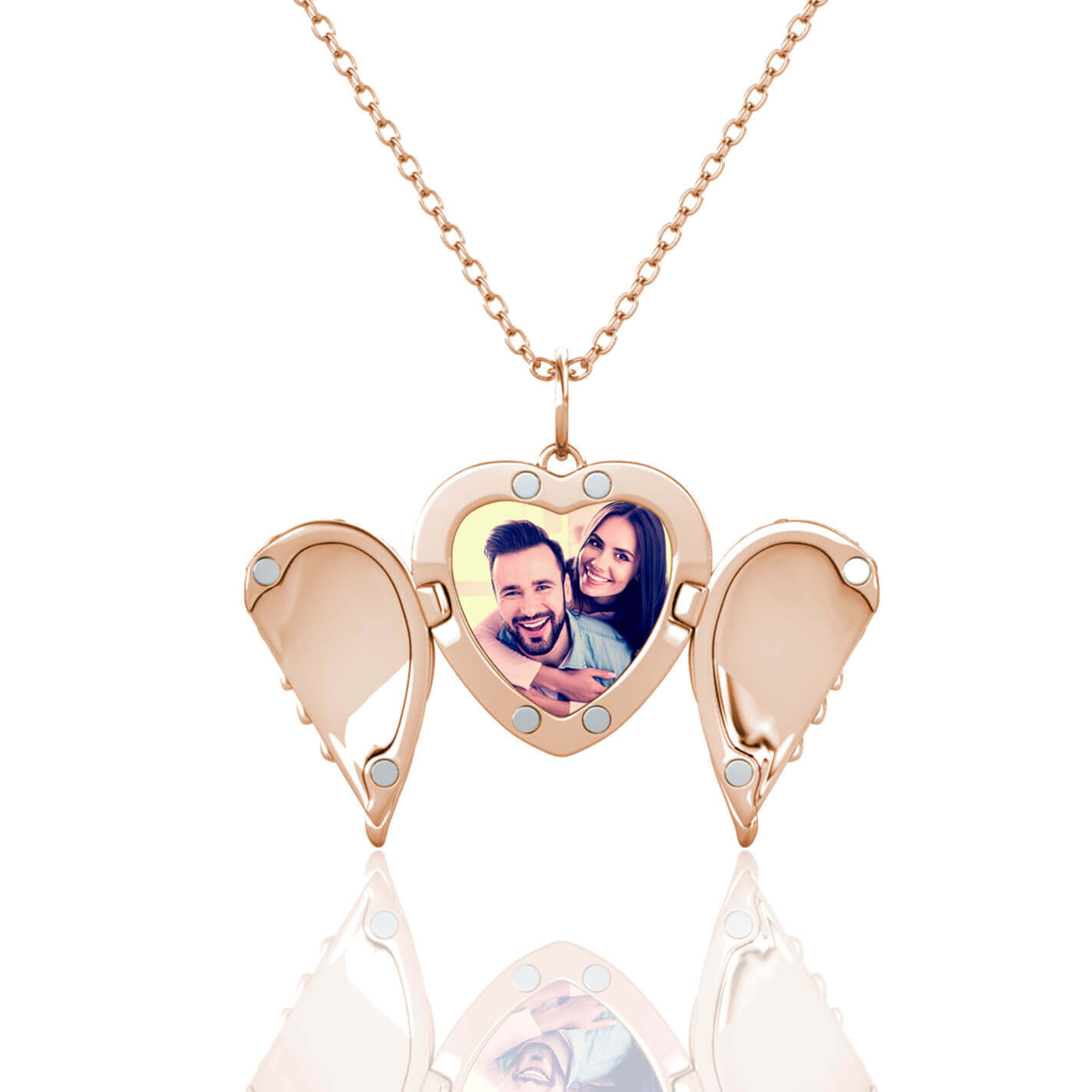 Angel Wings Heart Photo Locket Necklace with Picture Inside - Rose Gold