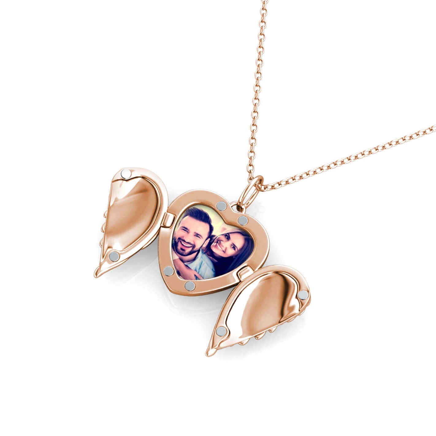 Angel Wings Heart Photo Locket Necklace with Picture Inside - Rose Gold