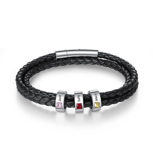 Men's Leather Bracelet - 3 Beads 3 Birthstones