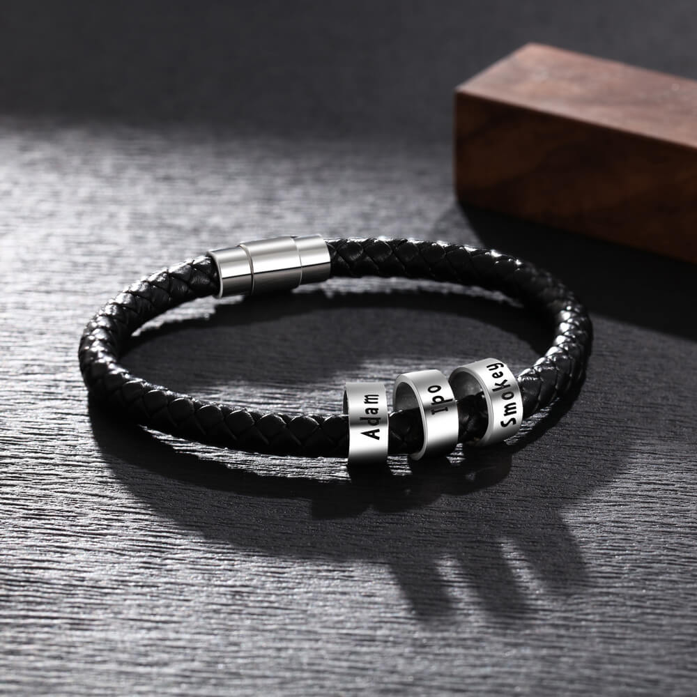 Men's Leather Bracelet - 3 Beads