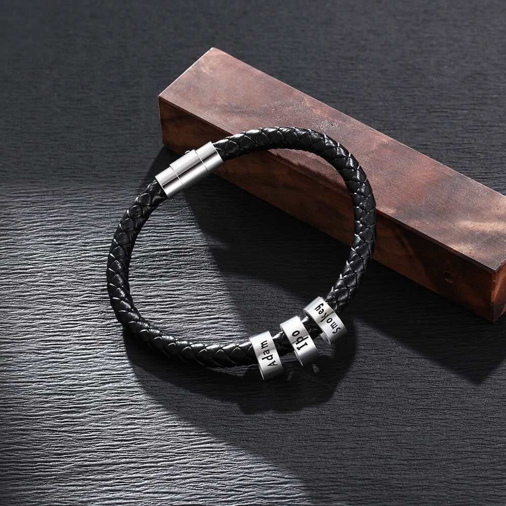 Men's Leather Bracelet - 3 Beads