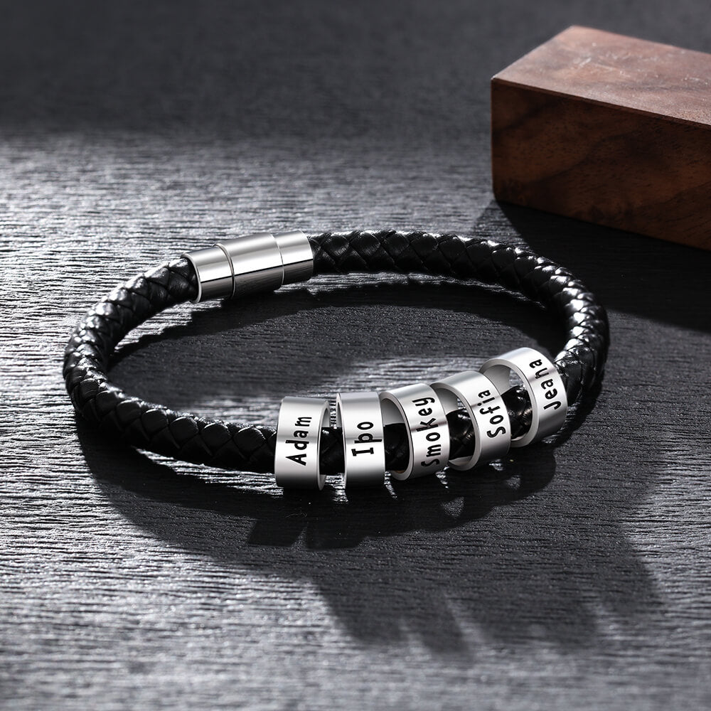 Men's Leather Bracelet - 5 Beads